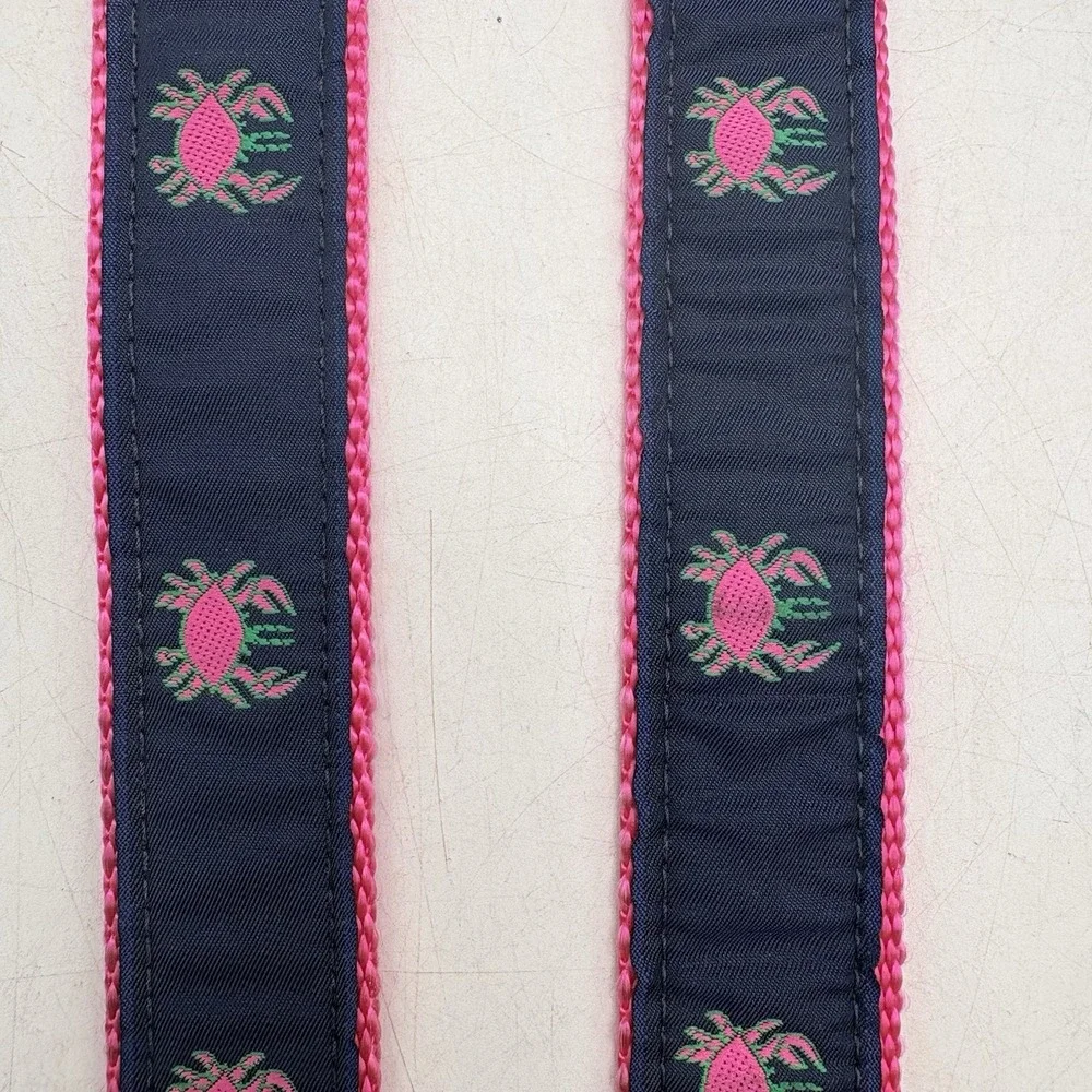 Leather Man USA Crab D Ring Ribbon Belt Pink Navy Preppy Needlepoint Medium
